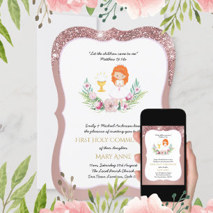 Invitación Rosa Chicas de oro floral primera comunión sagrada