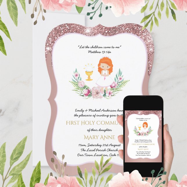 Invitación Rosa Chicas de oro floral primera comunión sagrada (Subido por el creador)
