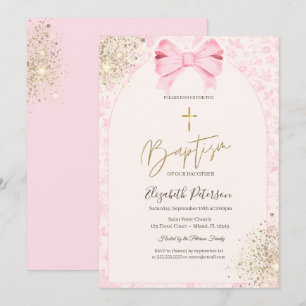 Invitación Rosa Chinoiserie Vintage Floral Lazo Cruz Dorada