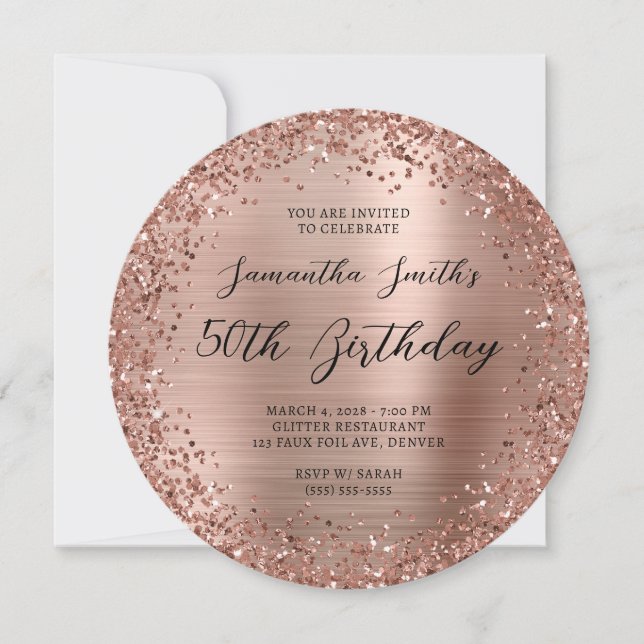 Invitación Rosa circular Purpurina de oro Relieve metalizado  (Anverso)