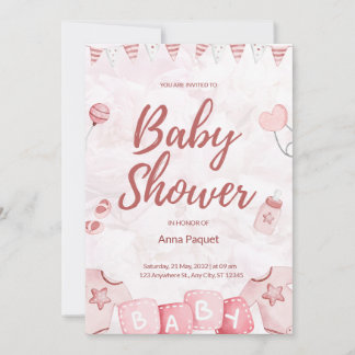 Invitación Rosa Claro Acuarela Ilustrativa Infantil Moderna