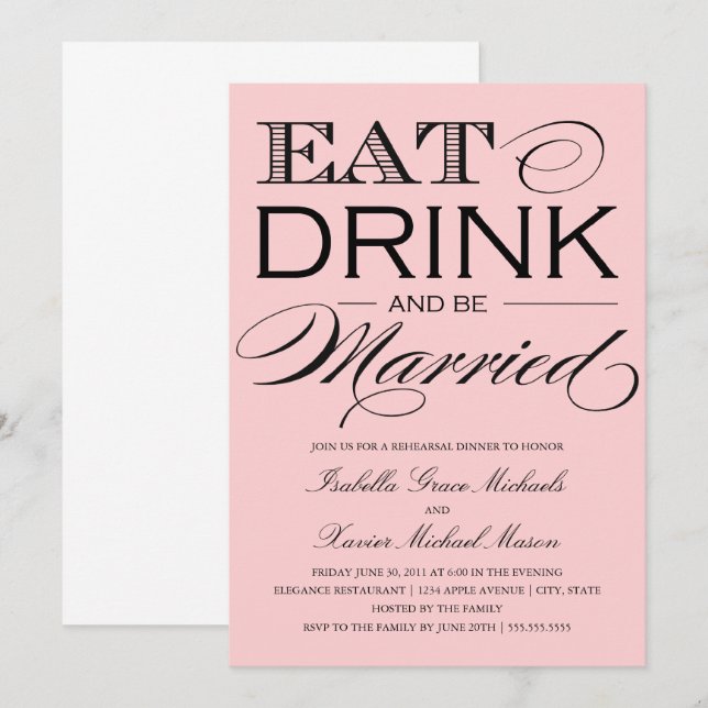 Invitación Rosa claro coma, beba la cena del ensayo del | (Anverso / Reverso)