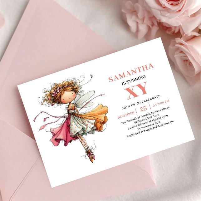 Invitación Rosa Claro para el 5to Cumpleaños de Ch (Charming Fairy Girl 5th Birthday Blush Pink invitation)