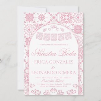 Invitación Rosa Claro Talavera Papel Picado Boda Española