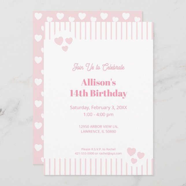 Invitación Rosa claro y corazón, cumpleaños, ducha, fiesta (Anverso / Reverso)
