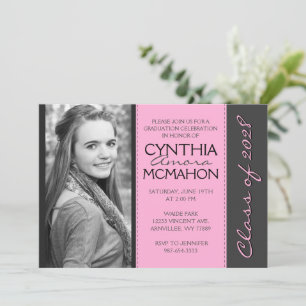 Invitación Rosa Claro y Gris con Raya Foto Graduación