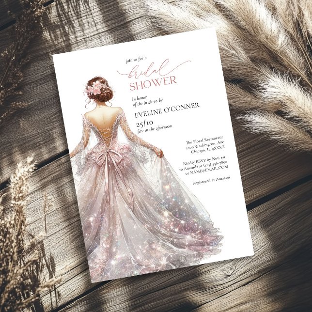 Invitación Rosa clásico dorado brillante vestido boda glam (Classic rose gold sparkly wedding dress glam invitation)