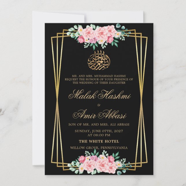 Invitación Rosa clásico Oro boda musulmán negro (Anverso)