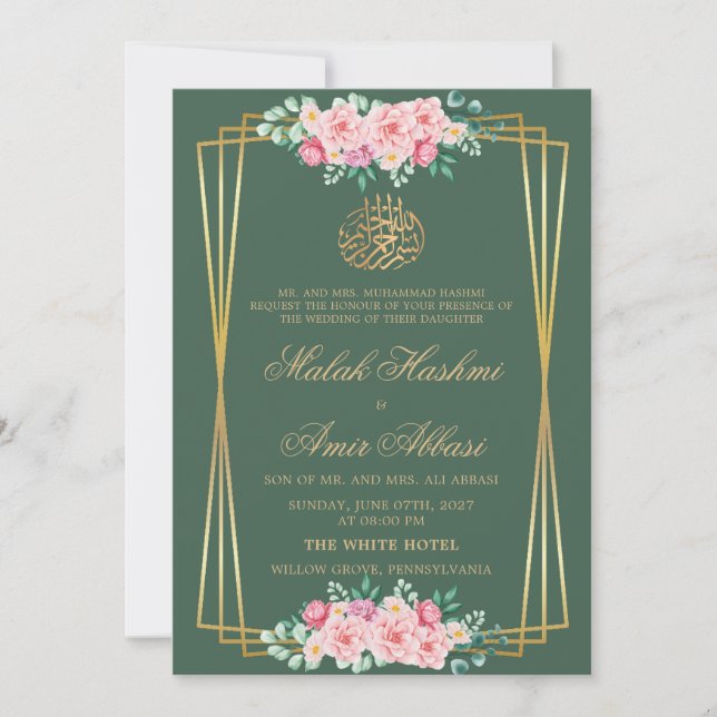 Invitación Rosa Clásico Oro Verde boda musulmán islámico (Anverso)