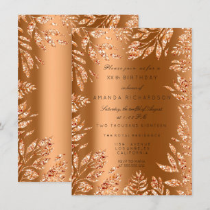Invitación Rosa Cobre Dorado Brillo Hojas Florales Marco Glam