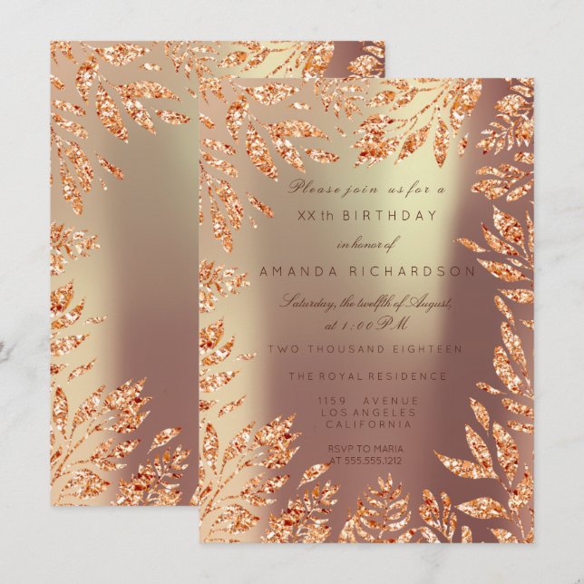Invitación Rosa Cobre Dorado Hojas Brillantes Florales Enmarc (Anverso / Reverso)