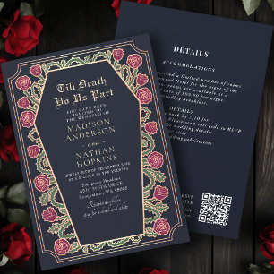 Invitación Rosa Código QR Boda de ataúd Gótico Azul Oro