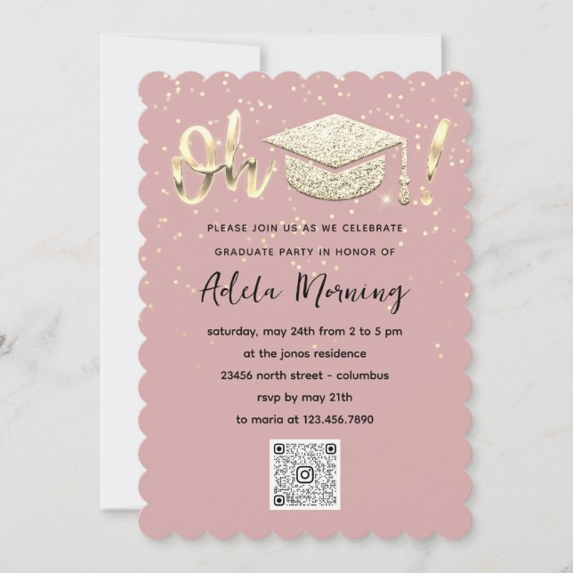 Invitación Rosa Código QR Fiesta de Graduado de Confetti de O (Anverso)