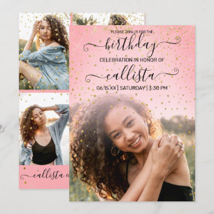 Invitación Rosa Collage de fotos Confetti de Oro Rosado Cumpl