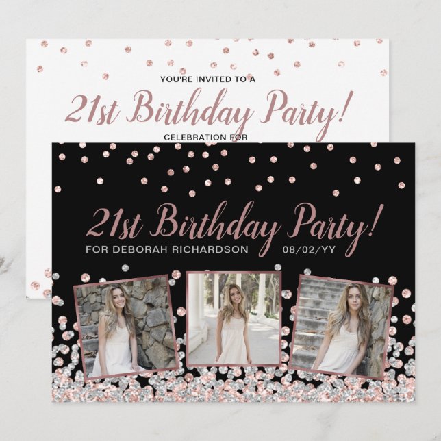 Invitación Rosa Collage de fotos Plata Oro 21 cumpleaños (Anverso / Reverso)