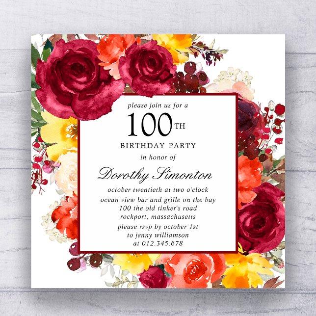 Invitación Rosa colorida Floral 100 cumpleaños (Subido por el creador)
