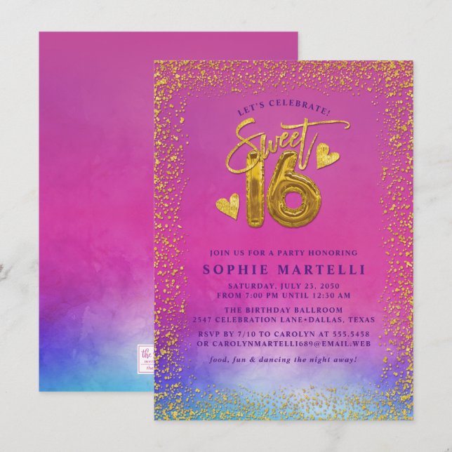 Invitación Rosa colorido con 16 globos dorados dulces (Anverso / Reverso)