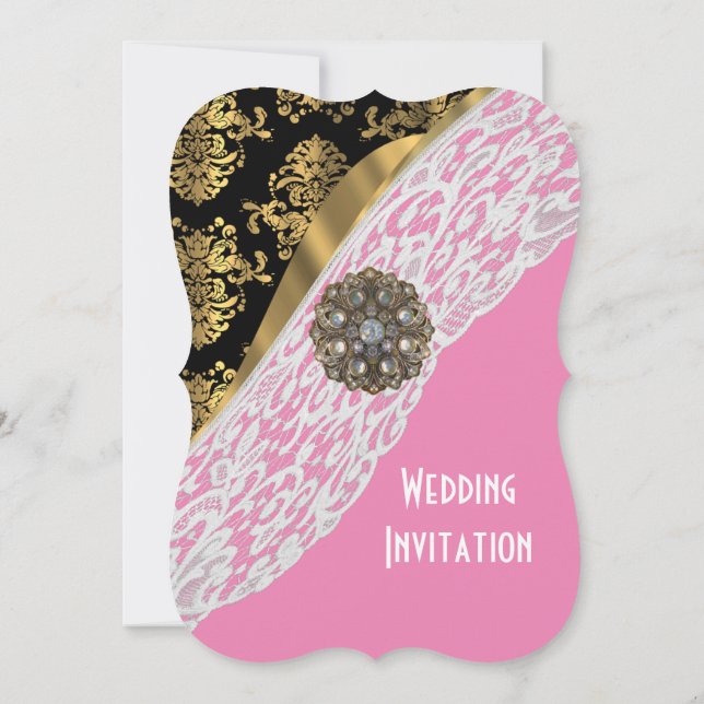 Invitación Rosa con boda de damasco de oro de encaje blanco (Reverso)