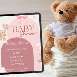 Invitación Rosa con ducha de bebé de oso y globos