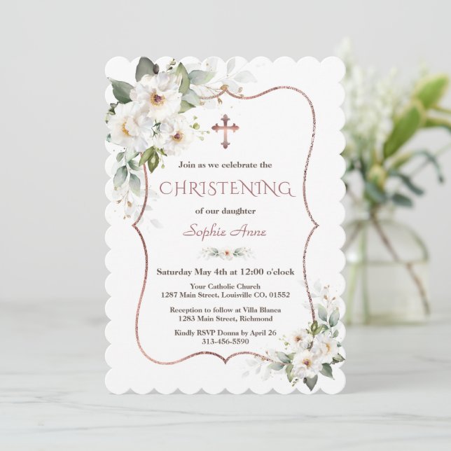 Invitación Rosa con encanto Flores de Crema Blanca de Oro (Anverso de pie)