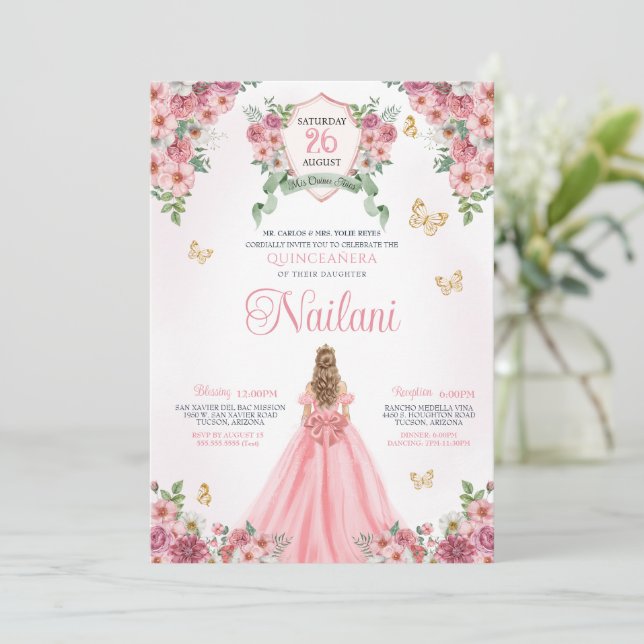 Invitación Rosa con mariposas de oro Rosa Bloom Quinceanera (Anverso de pie)