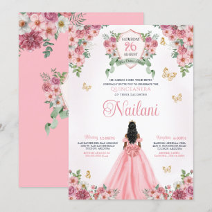 Invitación Rosa con mariposas de oro Rosa Bloom Quinceanera