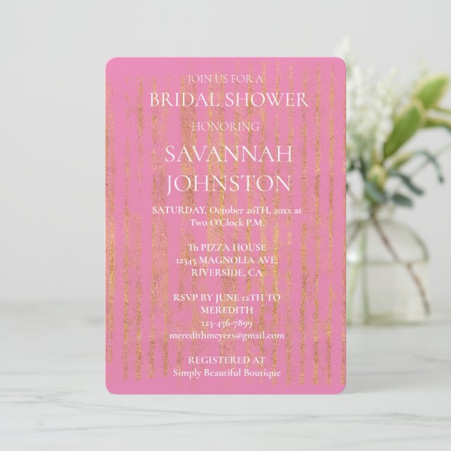 Invitación Rosa con Moda Glam Gold Stripes Bridal Shower (Anverso de pie)