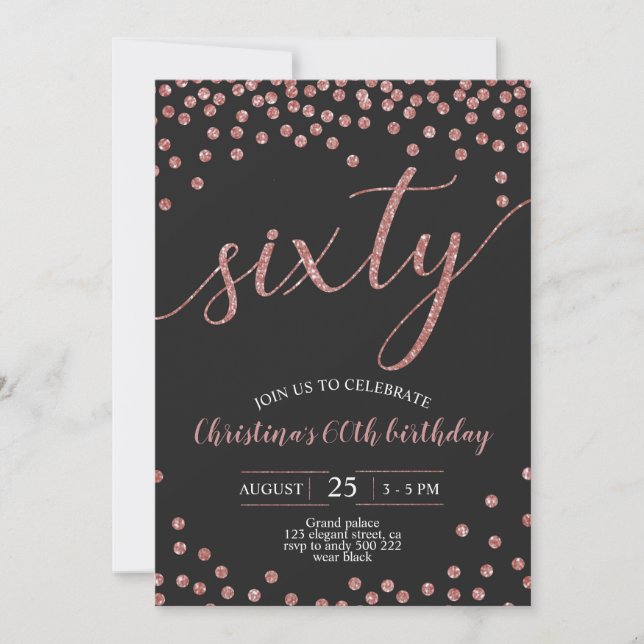 Invitación Rosa Confetti de Oro Elegante Mujeres de 60 Años (Anverso)