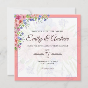 Invitación Rosa Coral Floral Acuarela Bodas Cuadrado