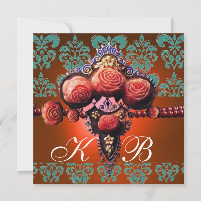 INVITACIÓN ROSA CORAL ROJAS,ORO AZUL NARANJA DAMASCO MONOGRAM (Anverso)