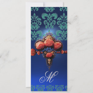 INVITACIÓN ROSA CORAL ROJO ORO, MONOGRAMA DAMASCO AZUL NEGRO