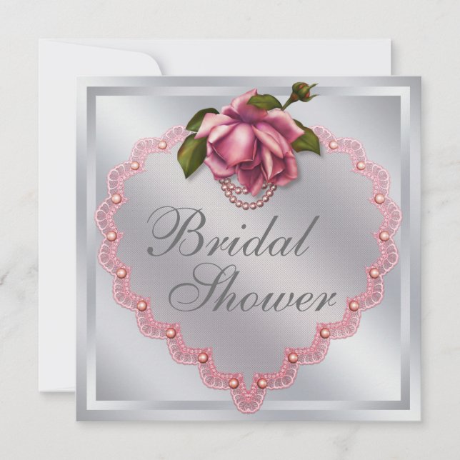 Invitación Rosa Corazón Rosa Plateado Despedida de Soltera (Anverso)