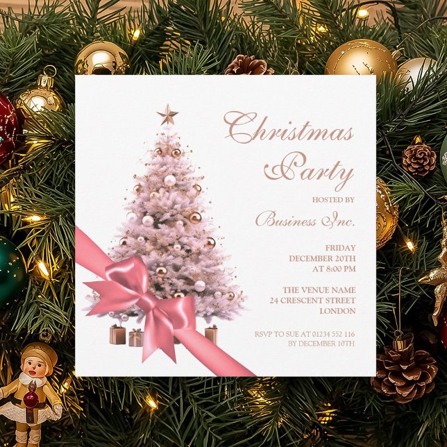 Invitación Rosa corporativo Oro Árbol de Navidad Bow Holiday (Corporate Rose Gold Christmas Tree Bow Holiday Invitation)