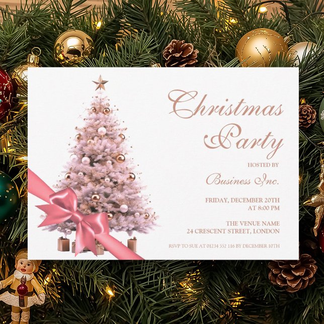Invitación Rosa corporativo Oro Árbol de Navidad Bow Holiday (Corporate Rose Gold Christmas Tree Bow Holiday Invitation)