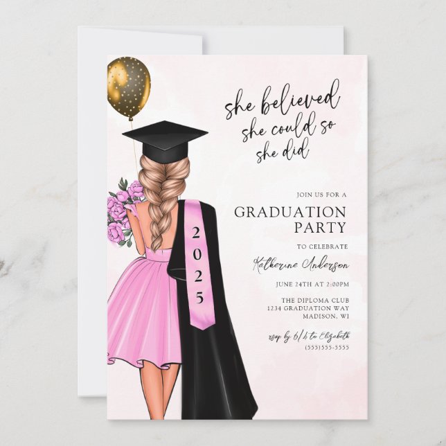 Invitación Rosa Creía Que Era Partido De Graduación (Anverso)