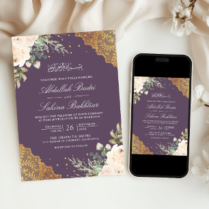 Invitación Rosa crema dorado encaje código QR boda musulmana
