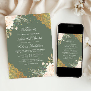 Invitación Rosa crema dorado encaje código QR Verde Boda Musu