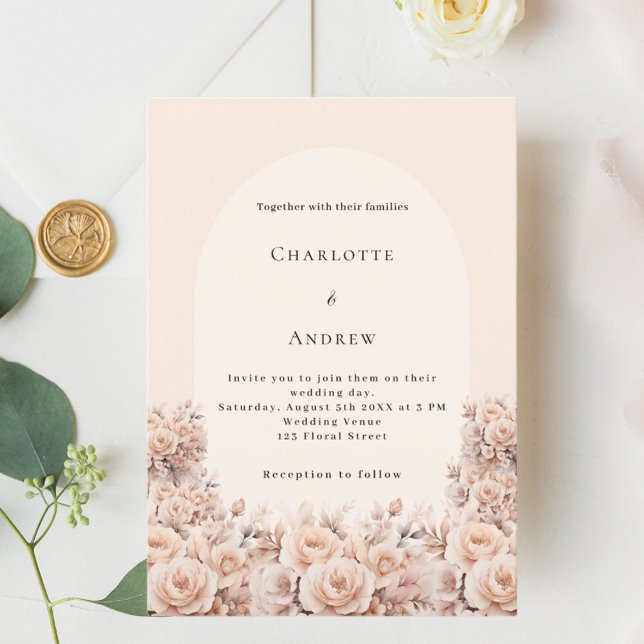 Invitación Rosa crema florines oro arco foto boda de lujo (Subido por el creador)