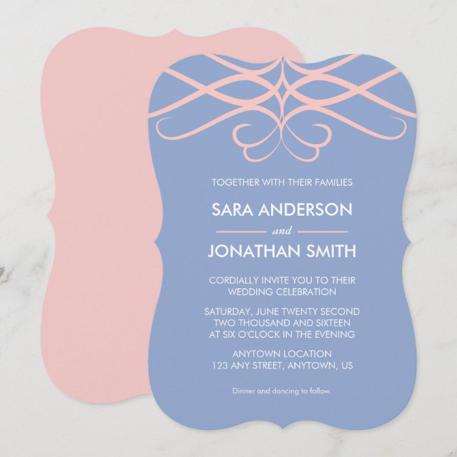 Invitación Rosa Cuartz y Azul, elegante Boda floreciente (Anverso / Reverso)