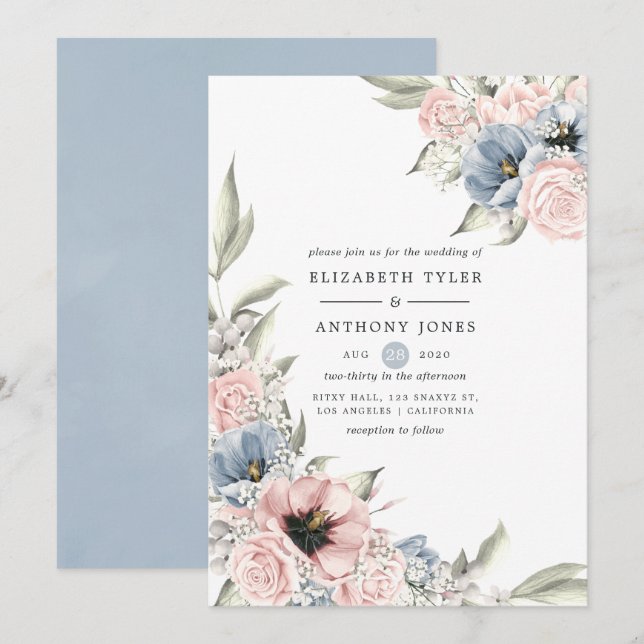 Invitación Rosa Cuartz y Boda Floral Azul de Serenity (Anverso / Reverso)