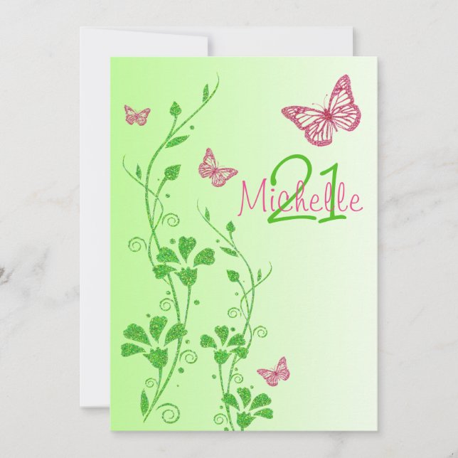 Invitación Rosa, cumpleaños floral de Buttterflies del verde (Anverso)