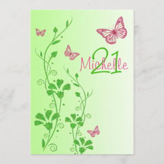 Invitación Rosa, cumpleaños floral de Buttterflies del verde