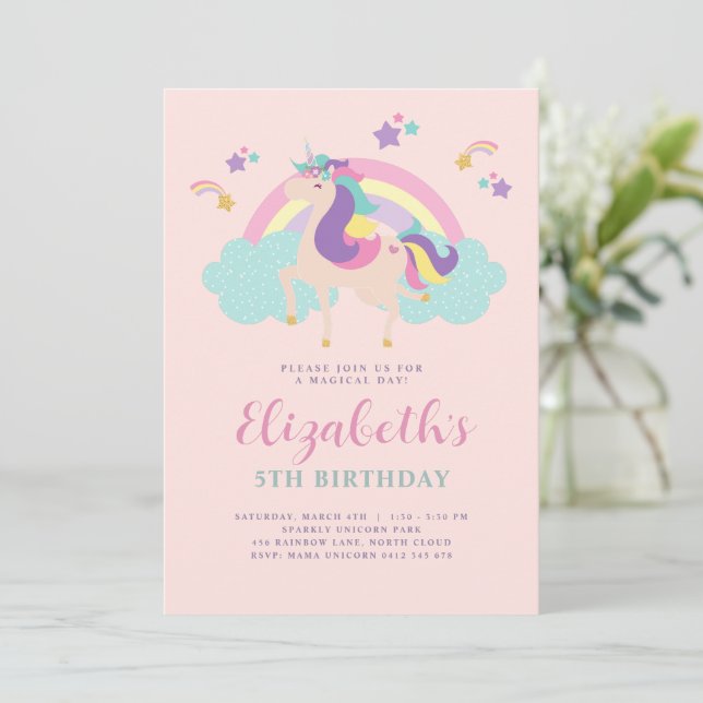 Invitación Rosa | Cumpleaños personalizado de la Unicornio ar (Anverso de pie)