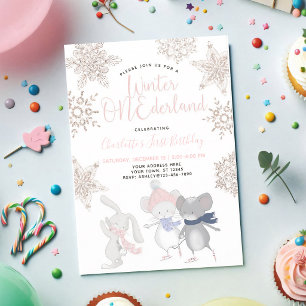 Invitación Rosa Cumpleaños Primero Copo de Nieve Oro