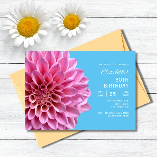 Invitación Rosa Dahlia Floral Azul 30 cumpleaños (Subido por el creador)