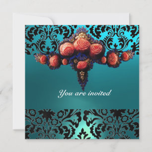 INVITACIÓN ROSA DAMASCO GEM Y ROSAS ROSADAS MONOGRAMA