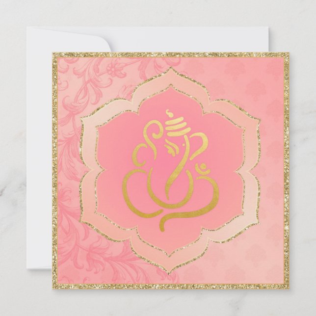 Invitación Rosa Damask Gold Ganesh Boda indio  (Anverso)