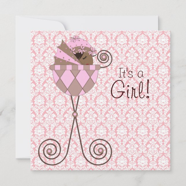 Invitación Rosa Damask Pink Pink Brown Baby Shower (Anverso)