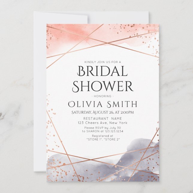 Invitación Rosa Dawn Watercolor Geométrico Bridal Shower (Anverso)