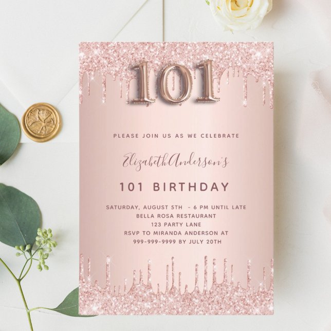 Invitación rosa de 101 años oro gotea elegante (Subido por el creador)